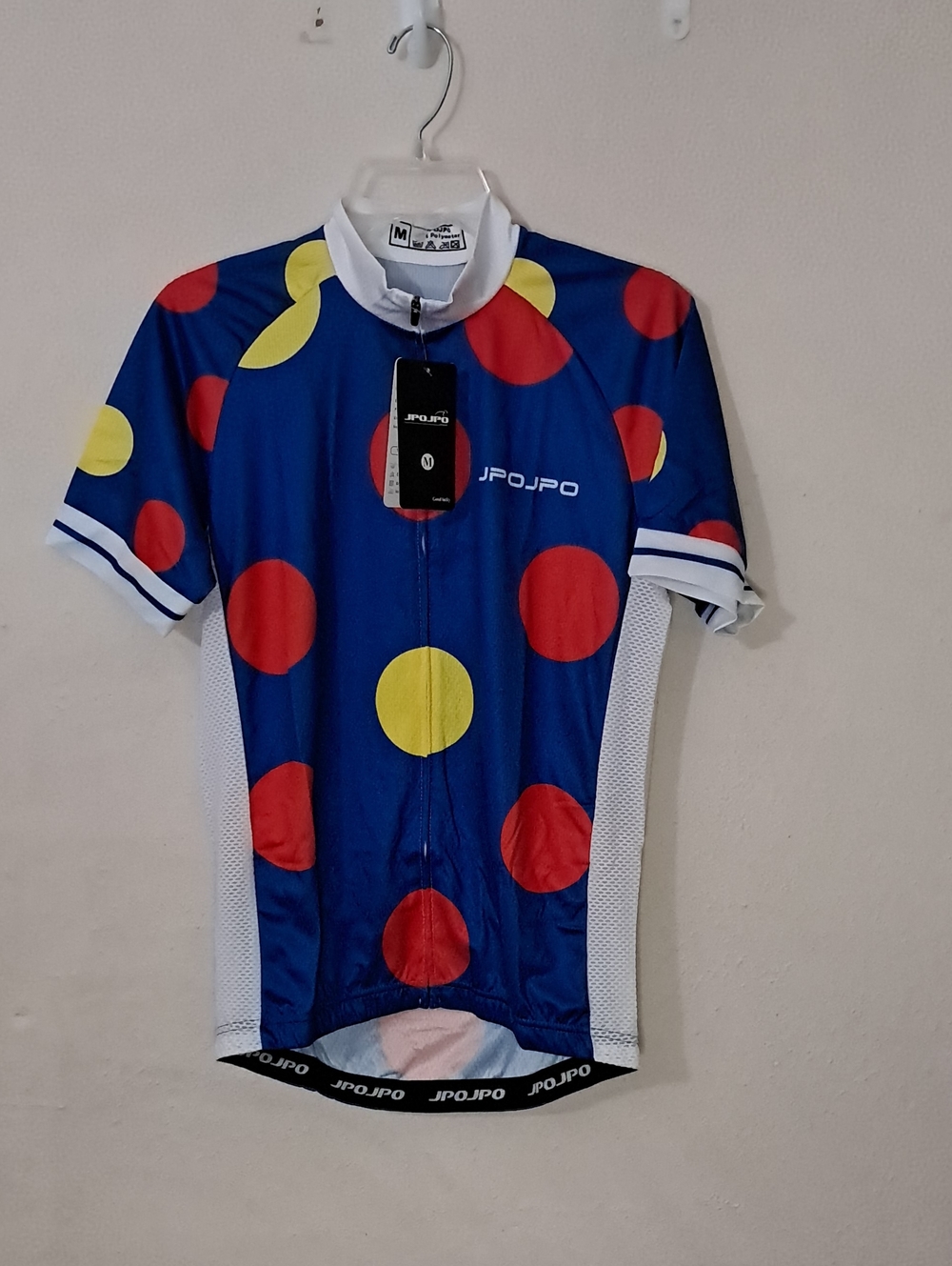 JPOJPO Men' Size Medium Blue Cycling Jersey with Red and Yellow Polka Dots
